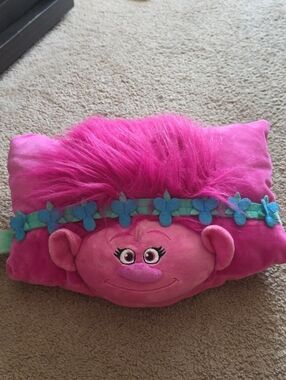 Bright Pink Plush Troll Pillow with Blue Flower Headband